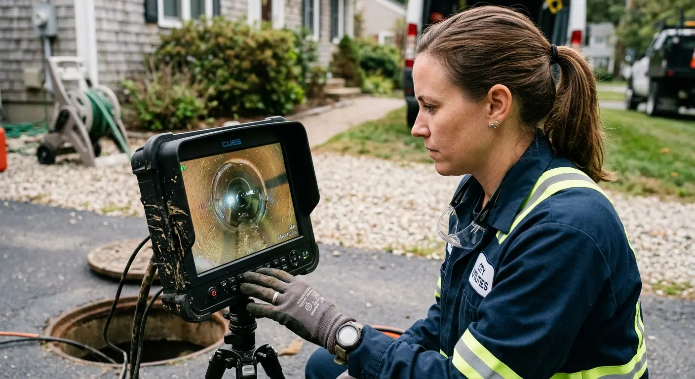 Technician reviewing sewer camera inspection footage in Montpelier