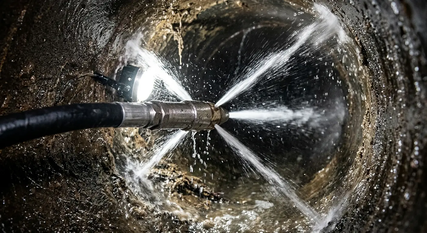 High-pressure hydro jetting nozzle cleaning sewer pipe for Trenchless Sewer Repair in Montpelier