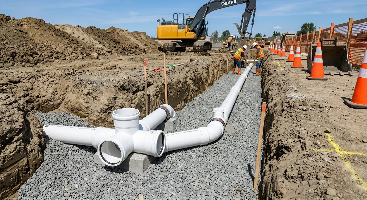 New PVC sewer pipe installation in open trench for Grease Trap Cleaning in Montpelier