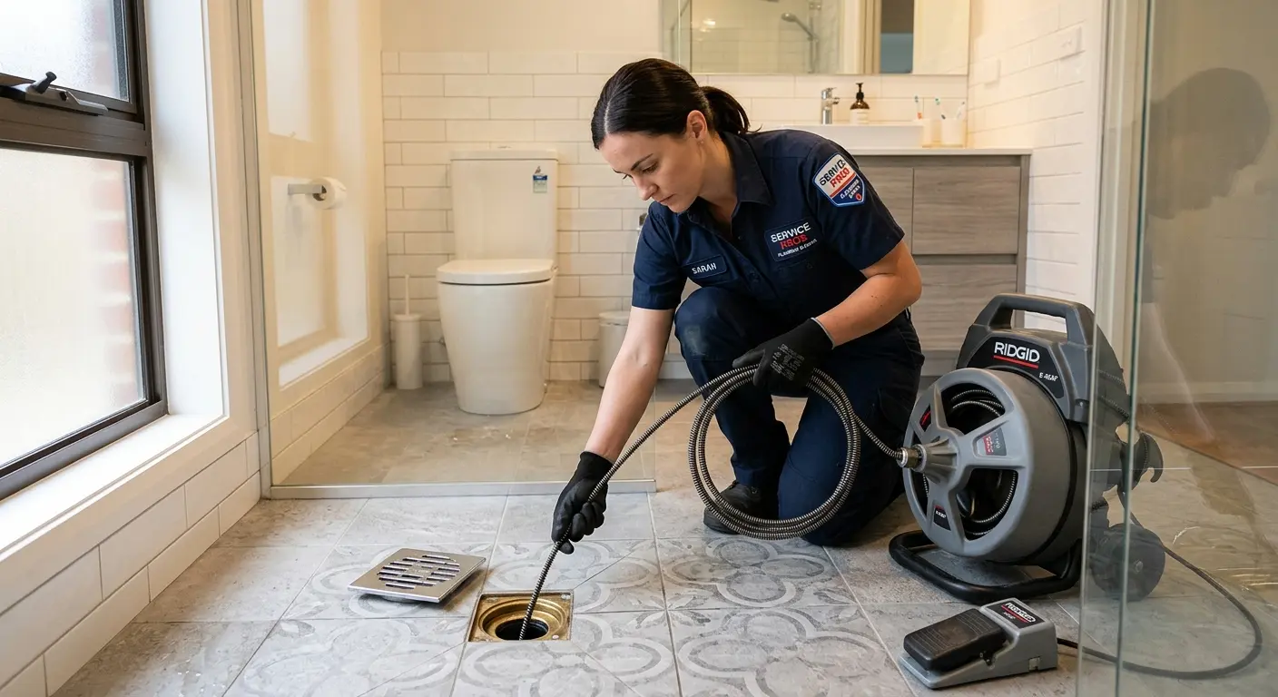 Technician clearing a bathroom floor drain for Hydro Jetting in Montpelier
